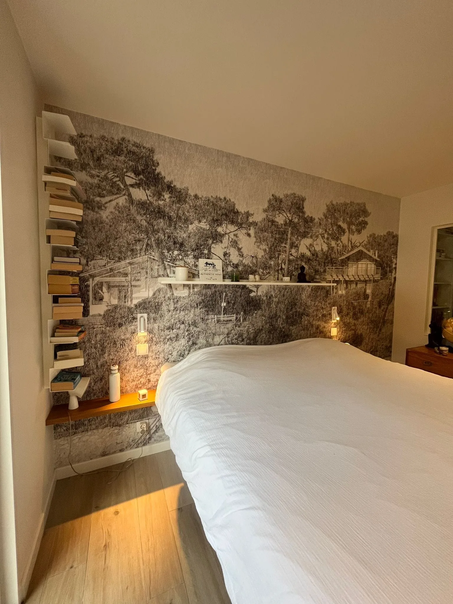 Chambre, papier peint panoramique et étagères de livres