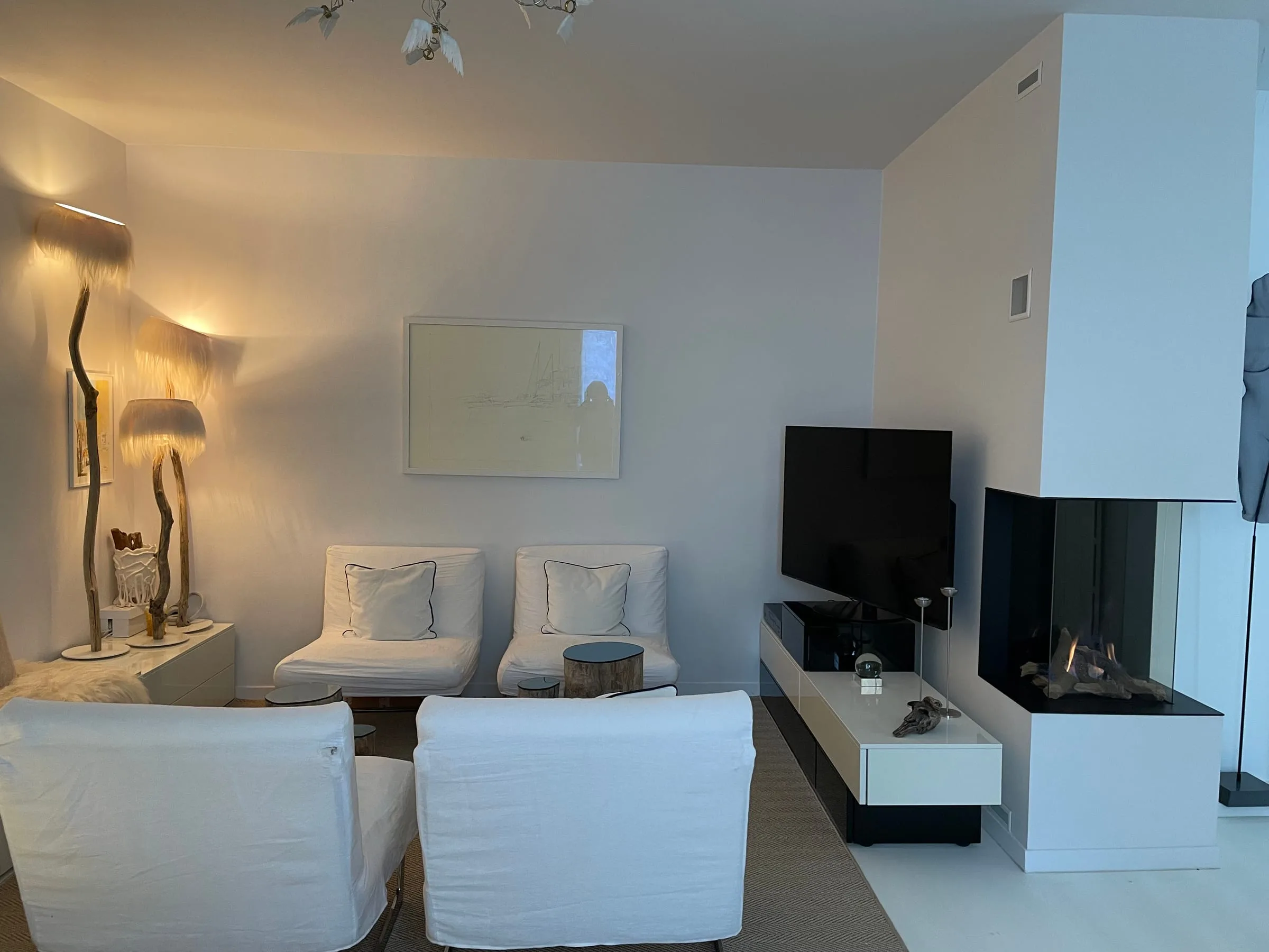 Salon rénové, assises claires et cheminée vitrée